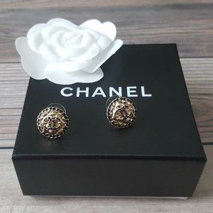 Authentic CHANEL CC Button Black Gold Earrings